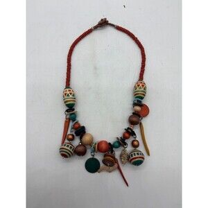 Vintage Hippie Beaded Necklace Wood Resin Dangles Boho Tribal Maximalist Colorfu